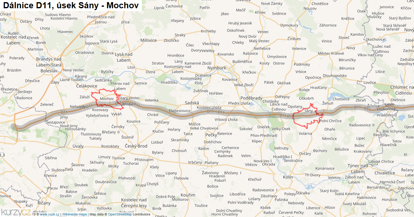 Úsek Sány - Mochov, Dálnice D11 - Mapa