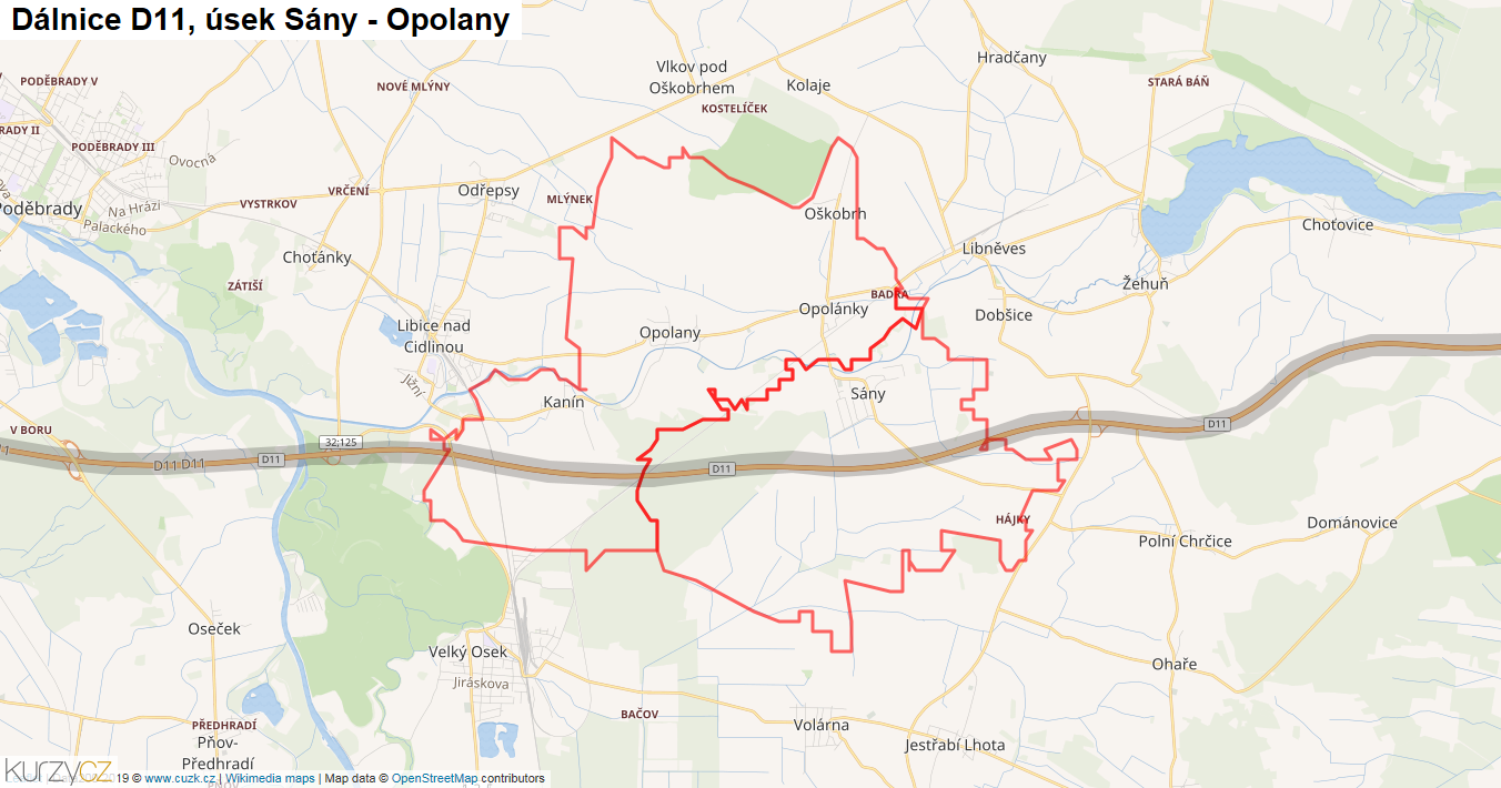 Úsek Sány - Opolany, Dálnice D11 - Mapa