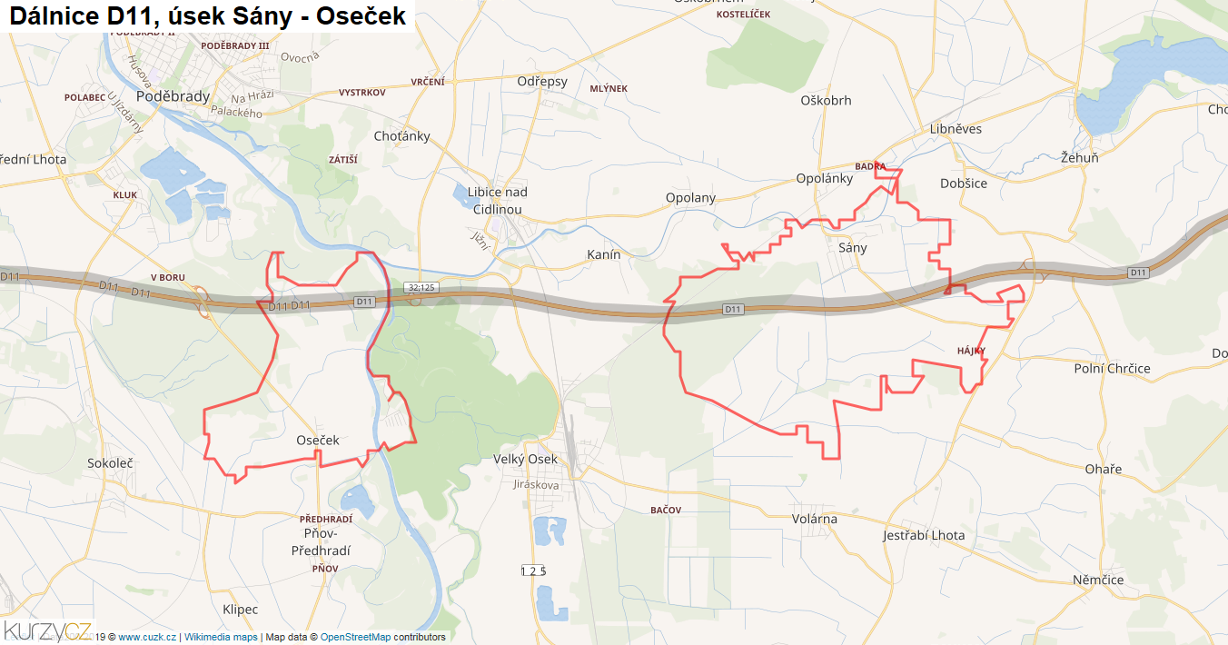 Úsek Sány - Oseček, Dálnice D11 - Mapa
