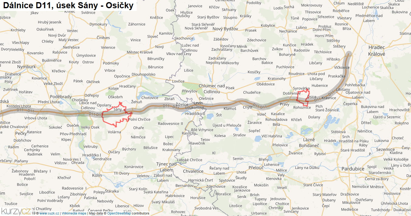 Úsek Sány - Osičky, Dálnice D11 - Mapa