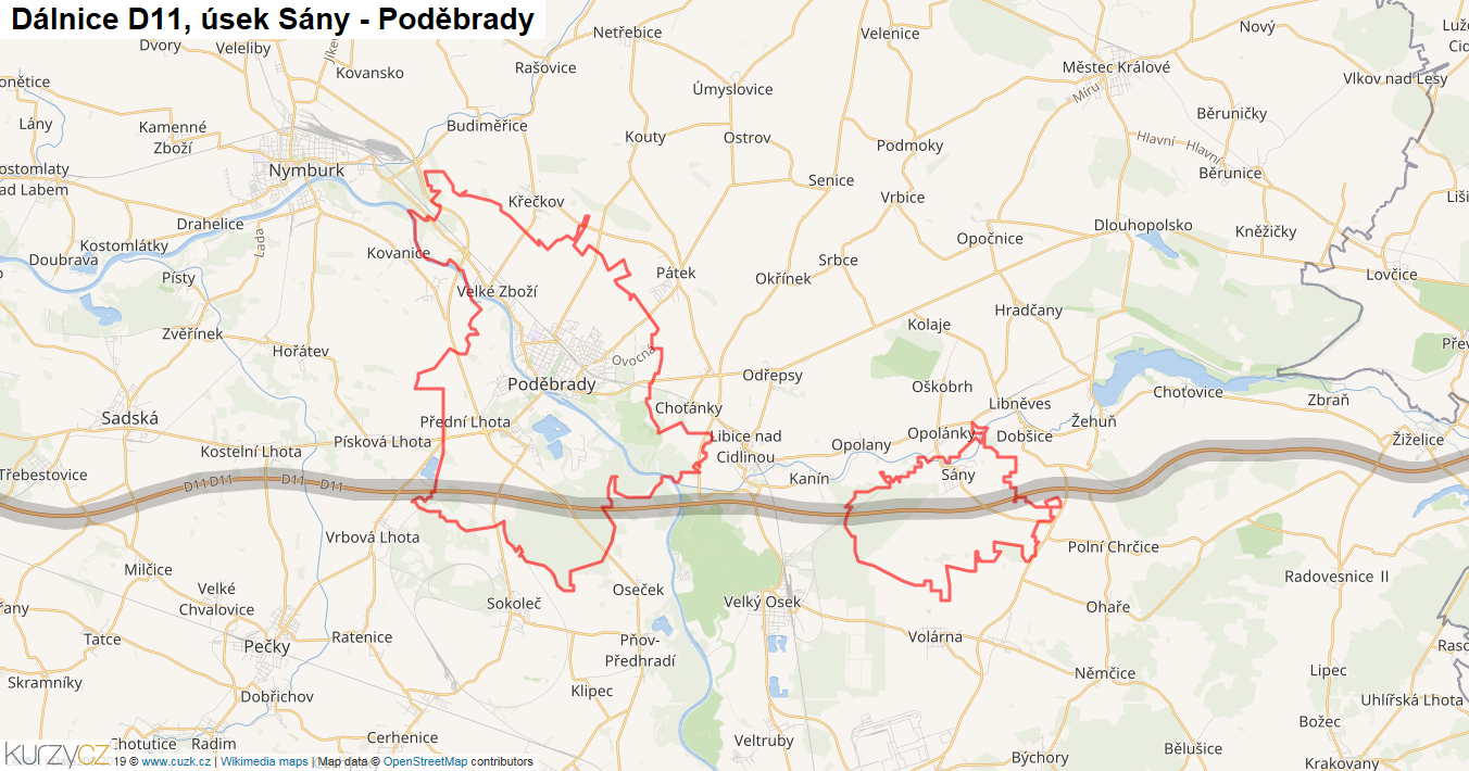 Úsek Sány - Poděbrady, Dálnice D11 - Mapa