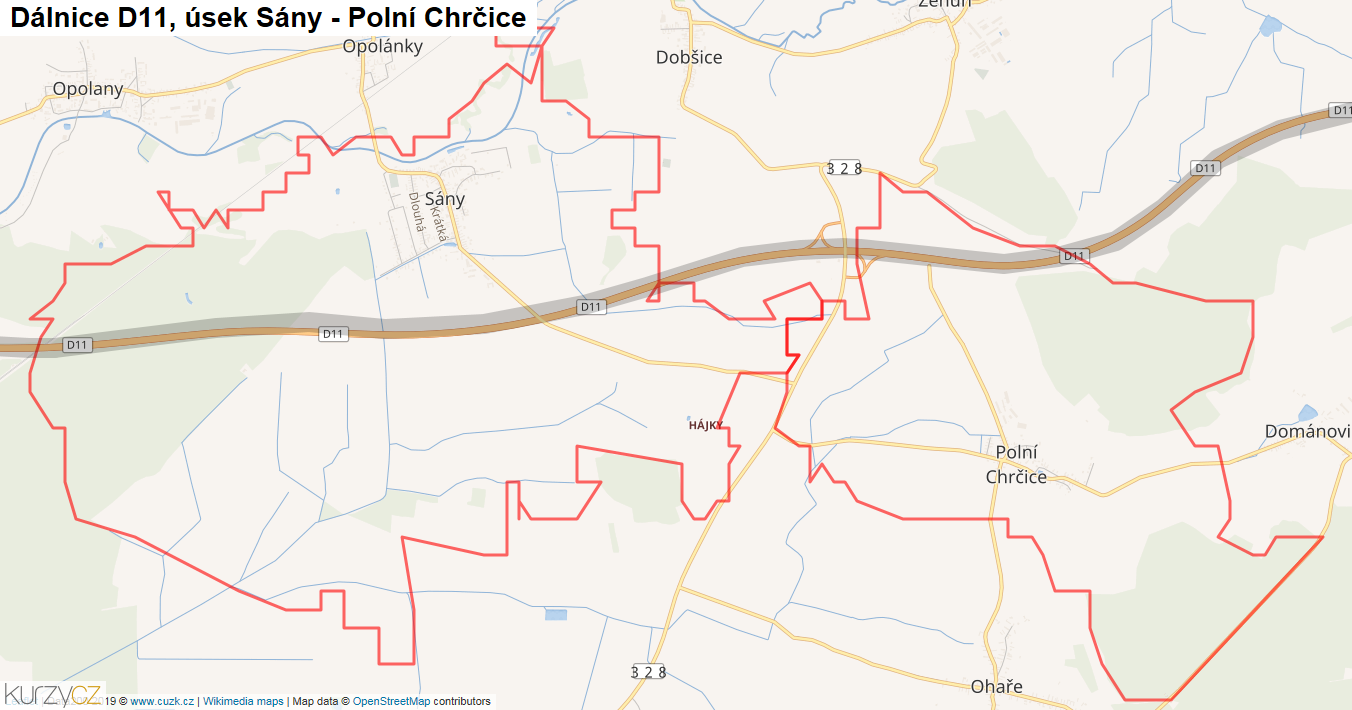 Úsek Sány - Polní Chrčice, Dálnice D11 - Mapa