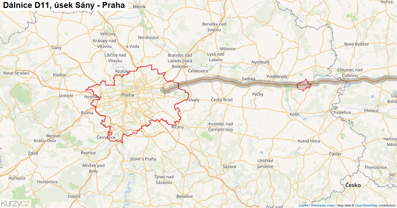 Úsek Sány - Praha, Dálnice D11 - Mapa