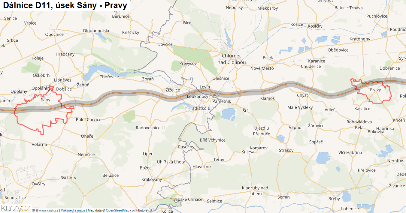 Úsek Sány - Pravy, Dálnice D11 - Mapa