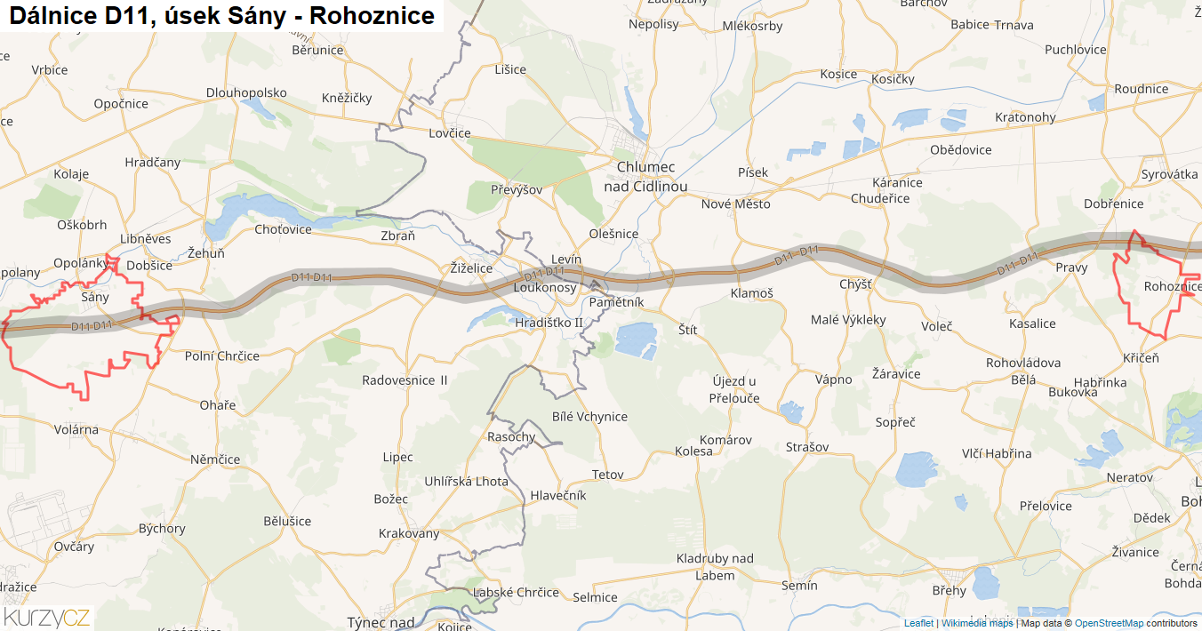 Úsek Sány - Rohoznice, Dálnice D11 - Mapa