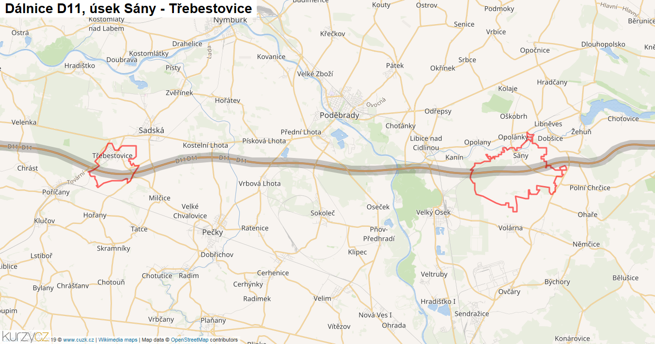 Úsek Sány - Třebestovice, Dálnice D11 - Mapa