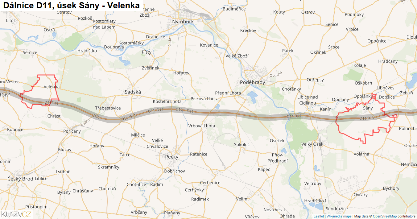 Úsek Sány - Velenka, Dálnice D11 - Mapa