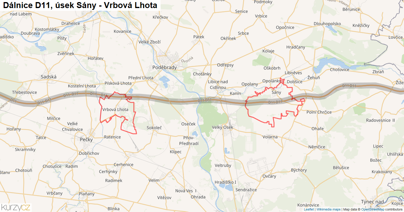 Úsek Sány - Vrbová Lhota, Dálnice D11 - Mapa
