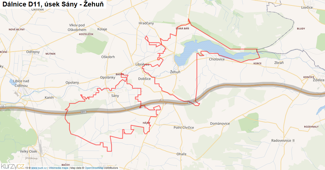 Úsek Sány - Žehuň, Dálnice D11 - Mapa