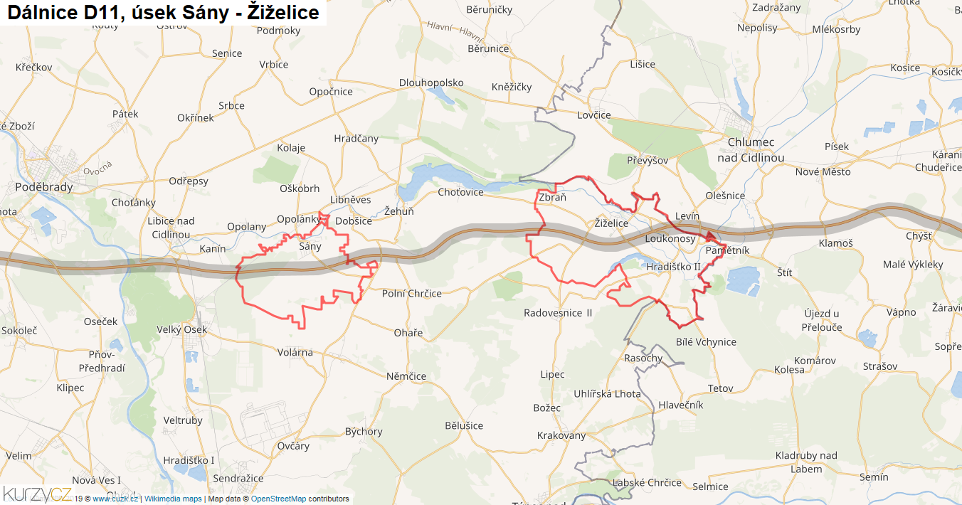 Úsek Sány - Žiželice, Dálnice D11 - Mapa
