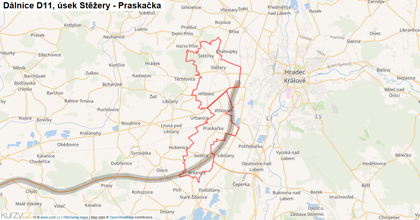 Úsek Stěžery - Praskačka, Dálnice D11 - Mapa