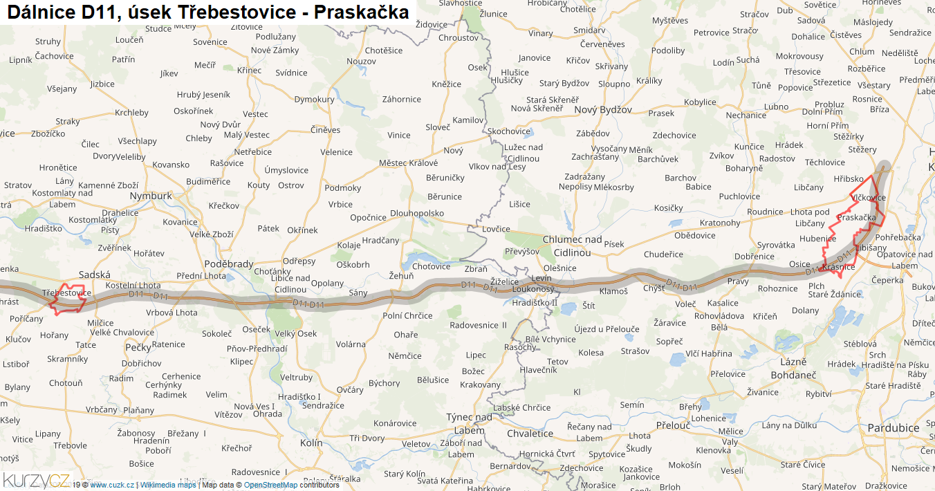 Úsek Třebestovice - Praskačka, Dálnice D11 - Mapa
