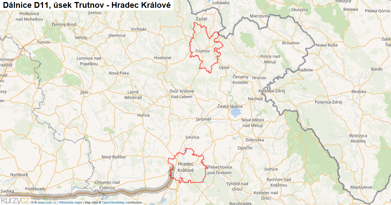 Úsek Trutnov - Hradec Králové, Dálnice D11 - Mapa