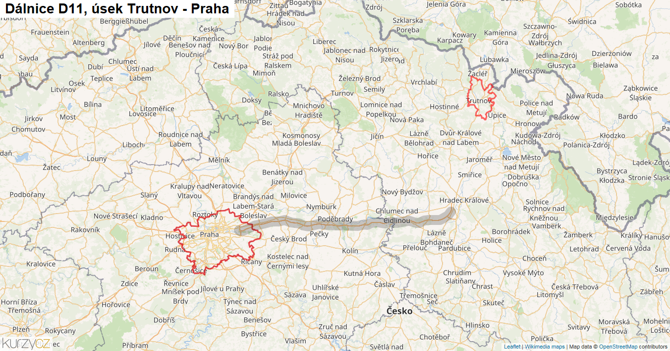 Úsek Trutnov - Praha, Dálnice D11 - Mapa