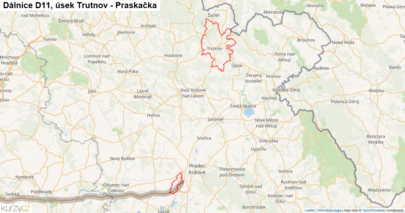 Úsek Trutnov - Praskačka, Dálnice D11 - Mapa