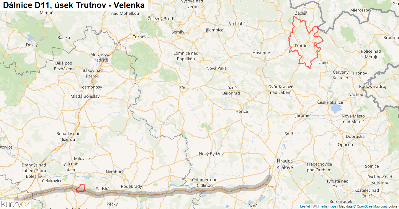 Úsek Trutnov - Velenka, Dálnice D11 - Mapa