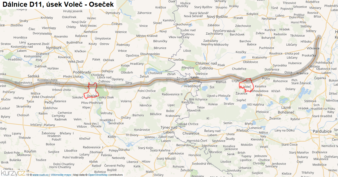 Úsek Voleč - Oseček, Dálnice D11 - Mapa