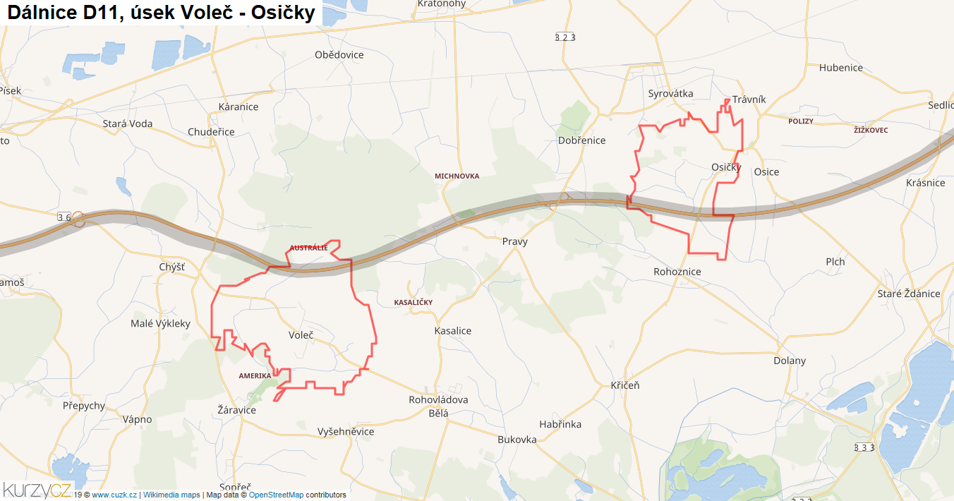 Úsek Voleč - Osičky, Dálnice D11 - Mapa