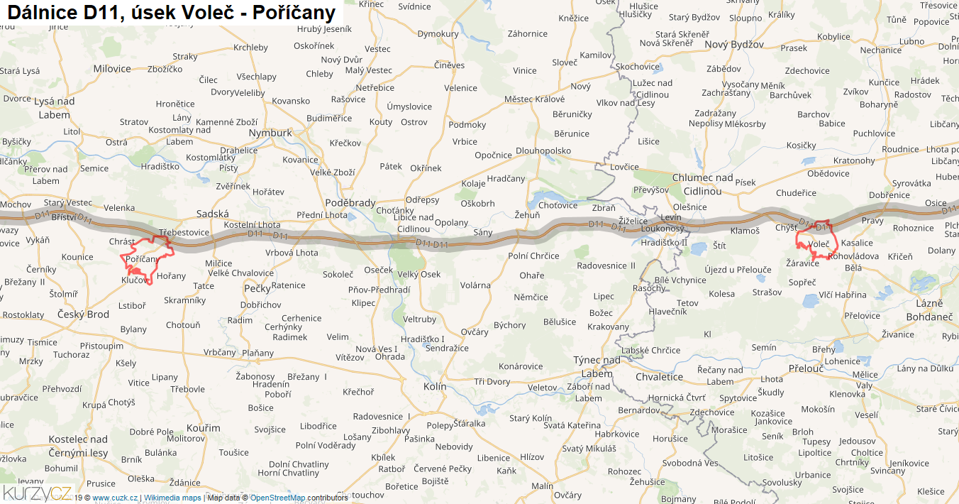 Úsek Voleč - Poříčany, Dálnice D11 - Mapa