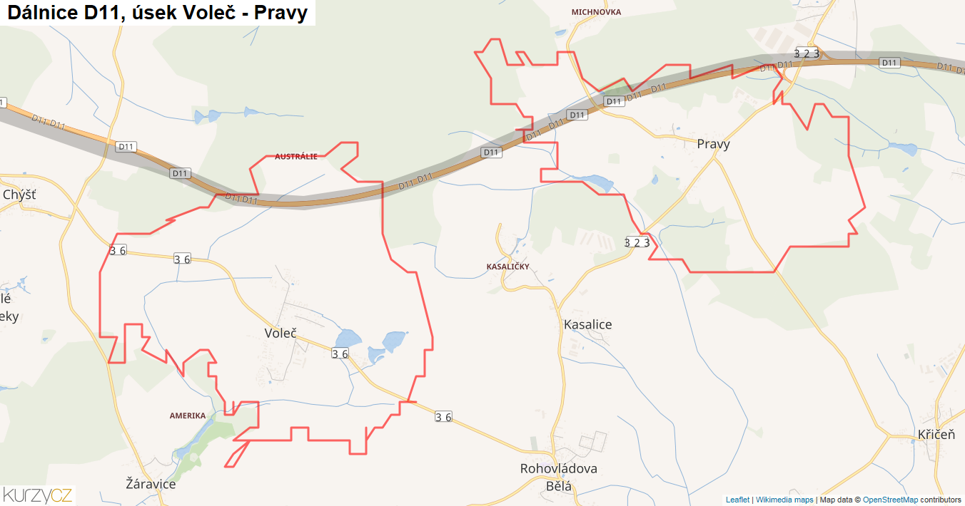 Úsek Voleč - Pravy, Dálnice D11 - Mapa