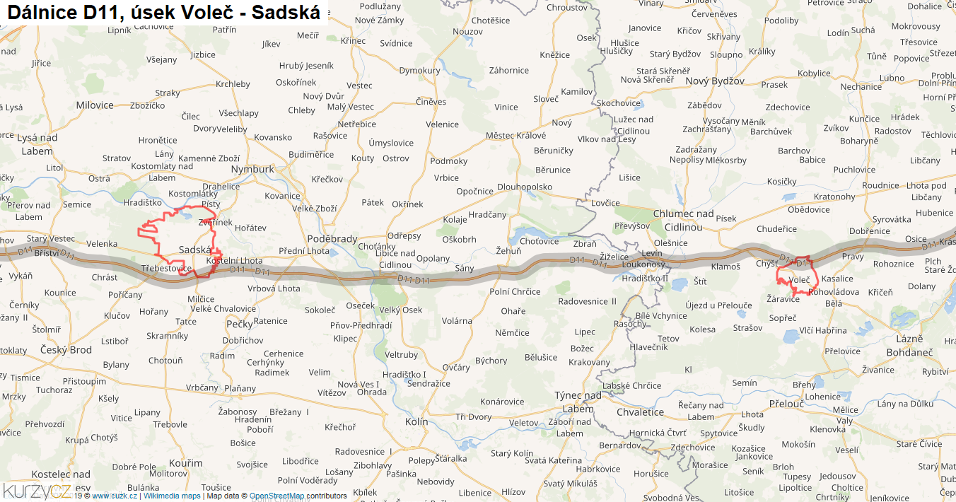 Úsek Voleč - Sadská, Dálnice D11 - Mapa