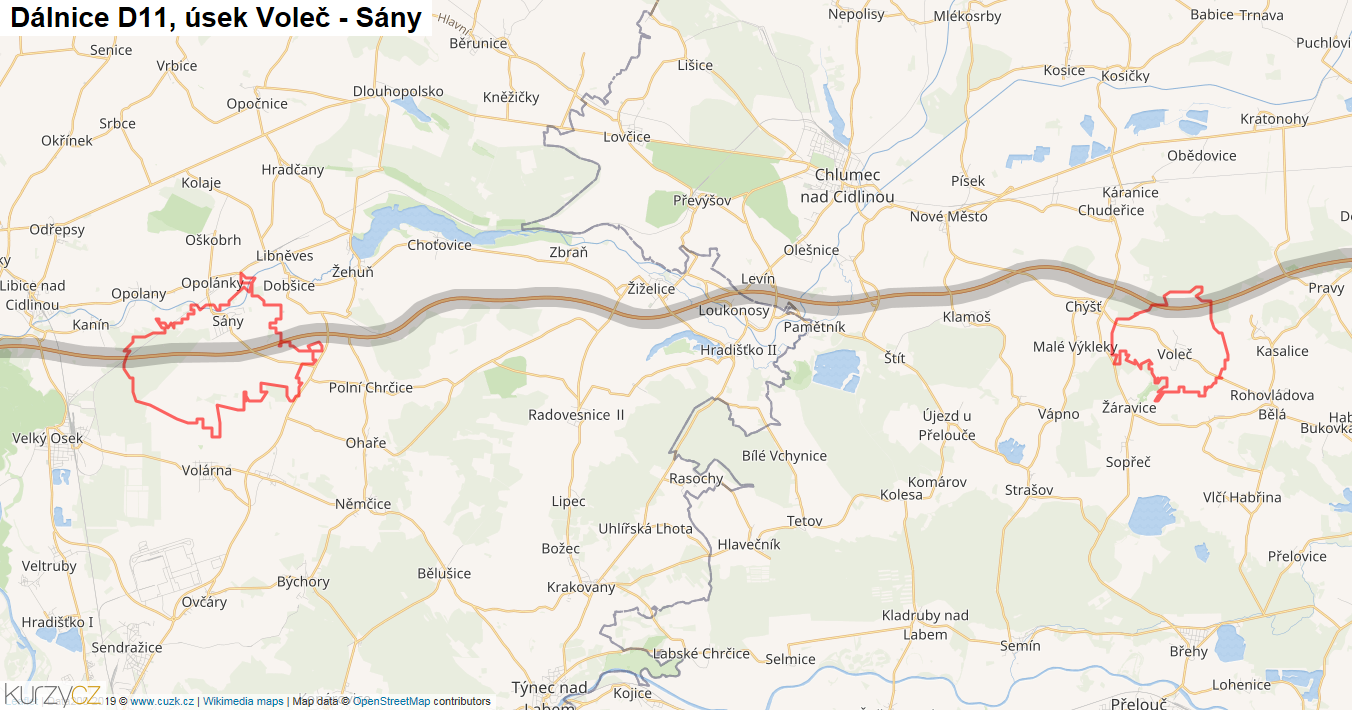 Úsek Voleč - Sány, Dálnice D11 - Mapa