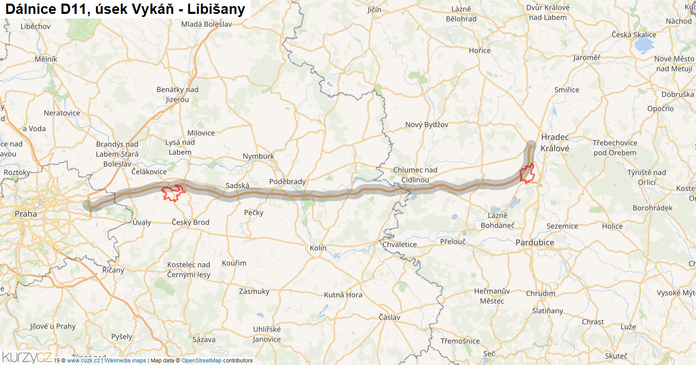 Úsek Vykáň - Libišany, Dálnice D11 - Mapa