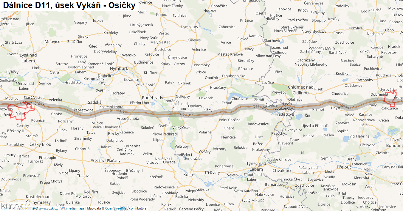 Úsek Vykáň - Osičky, Dálnice D11 - Mapa