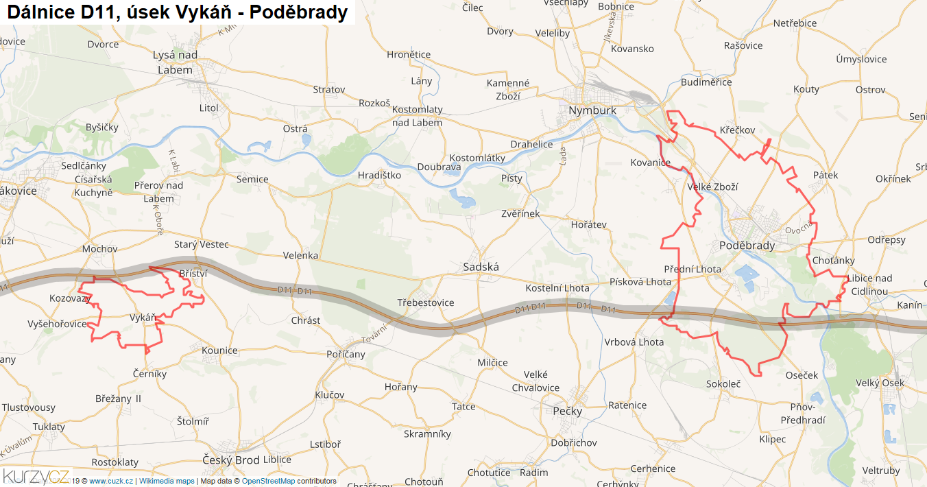 Úsek Vykáň - Poděbrady, Dálnice D11 - Mapa