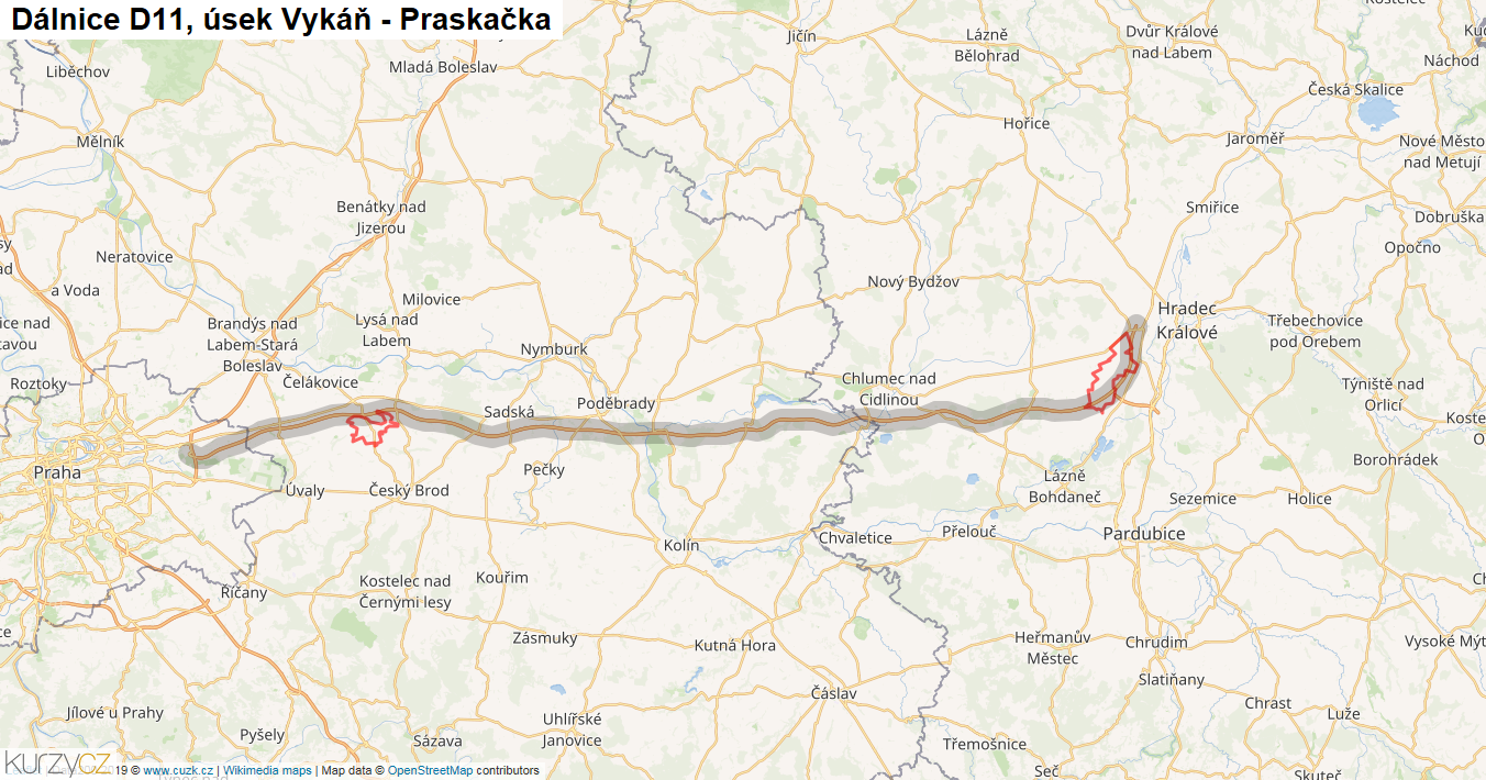 Úsek Vykáň - Praskačka, Dálnice D11 - Mapa