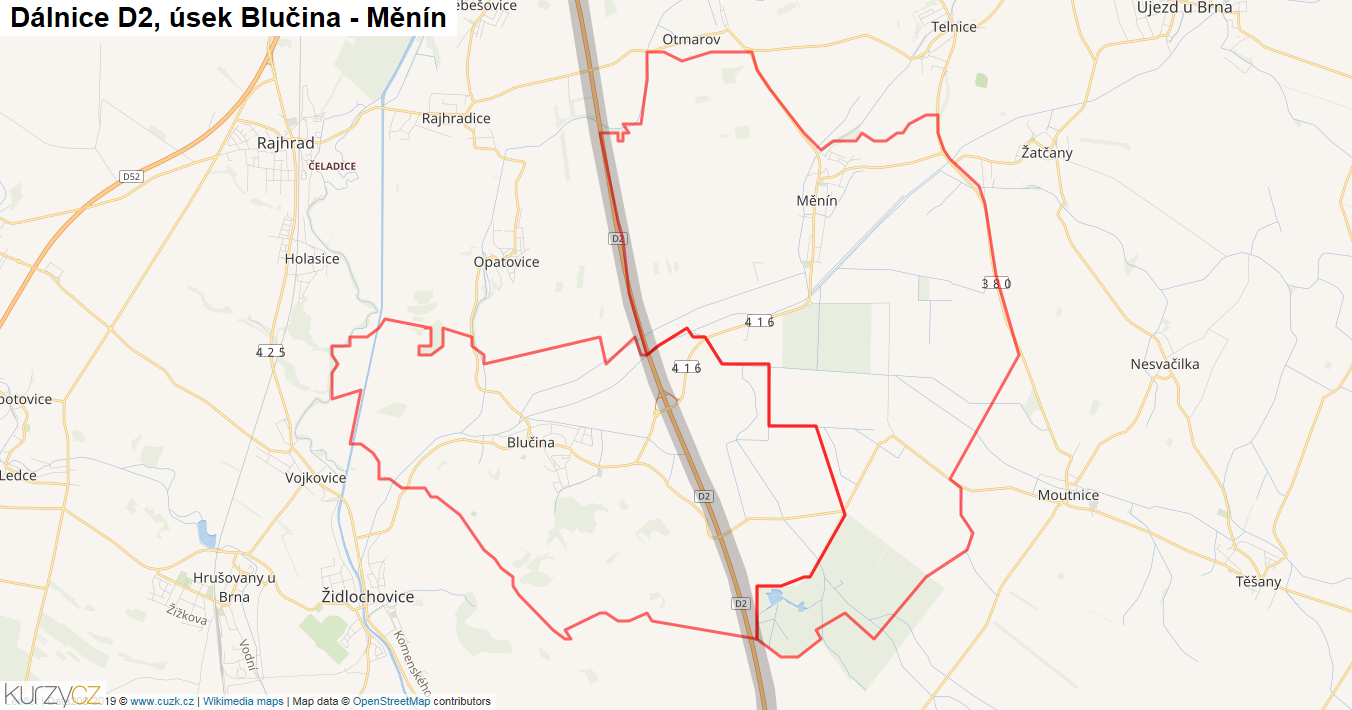 Úsek Blučina - Měnín, Dálnice D2 - Mapa
