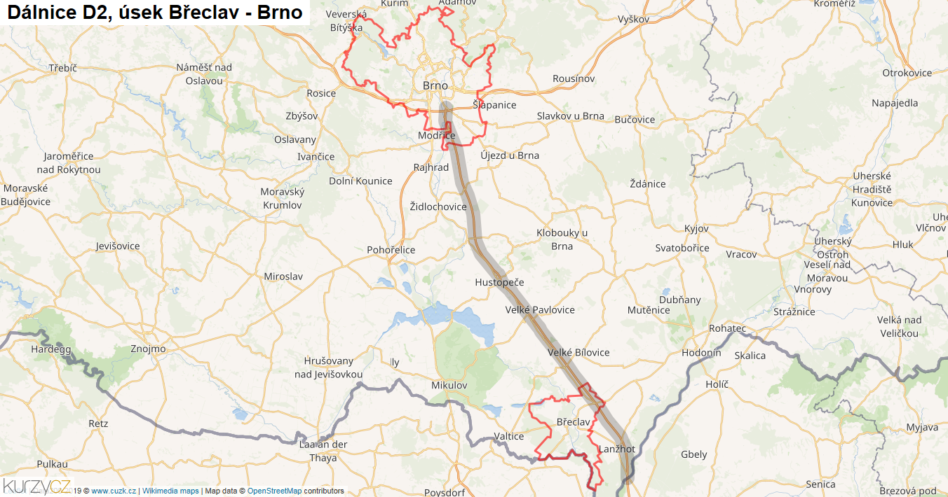 Úsek Břeclav - Brno, Dálnice D2 - Mapa