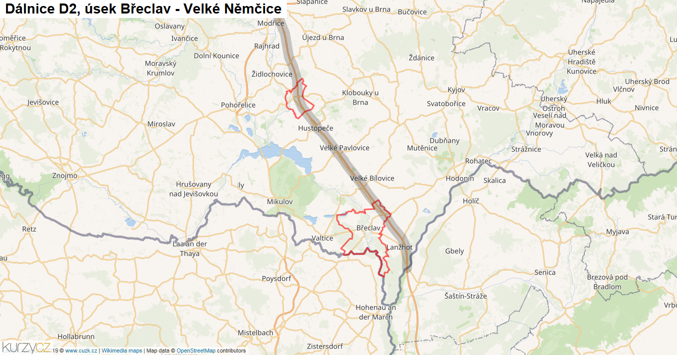 Úsek Břeclav - Velké Němčice, Dálnice D2 - Mapa