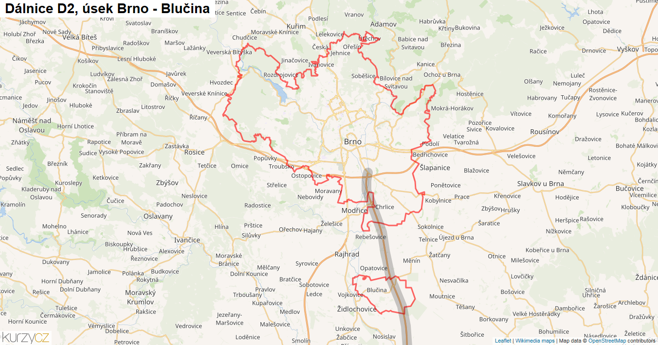 Úsek Brno - Blučina, Dálnice D2 - Mapa