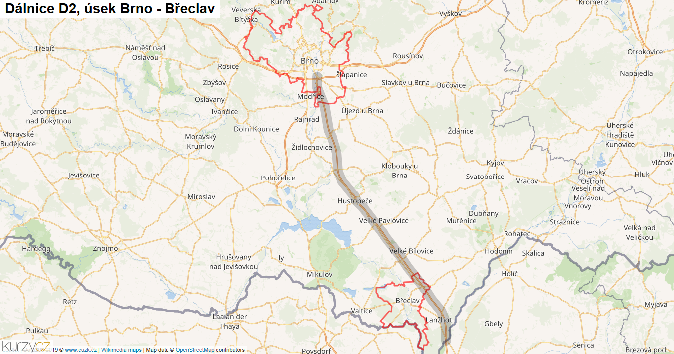 Úsek Brno - Břeclav, Dálnice D2 - Mapa