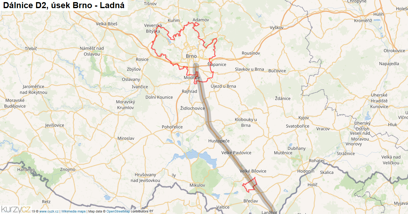 Úsek Brno - Ladná, Dálnice D2 - Mapa
