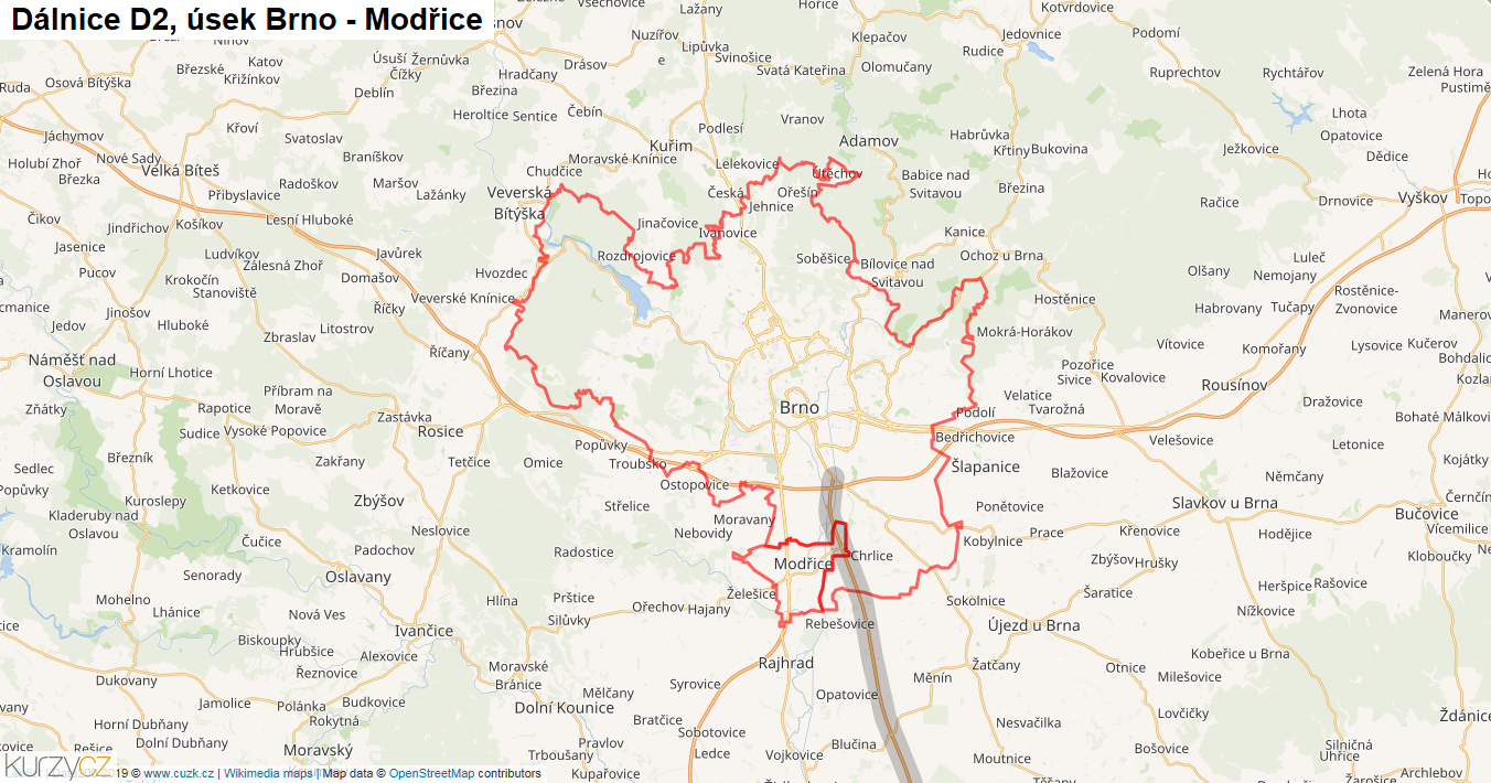 Úsek Brno - Modřice, Dálnice D2 - Mapa