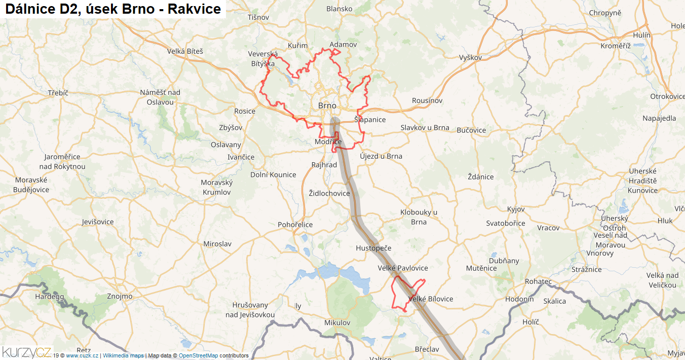 Úsek Brno - Rakvice, Dálnice D2 - Mapa