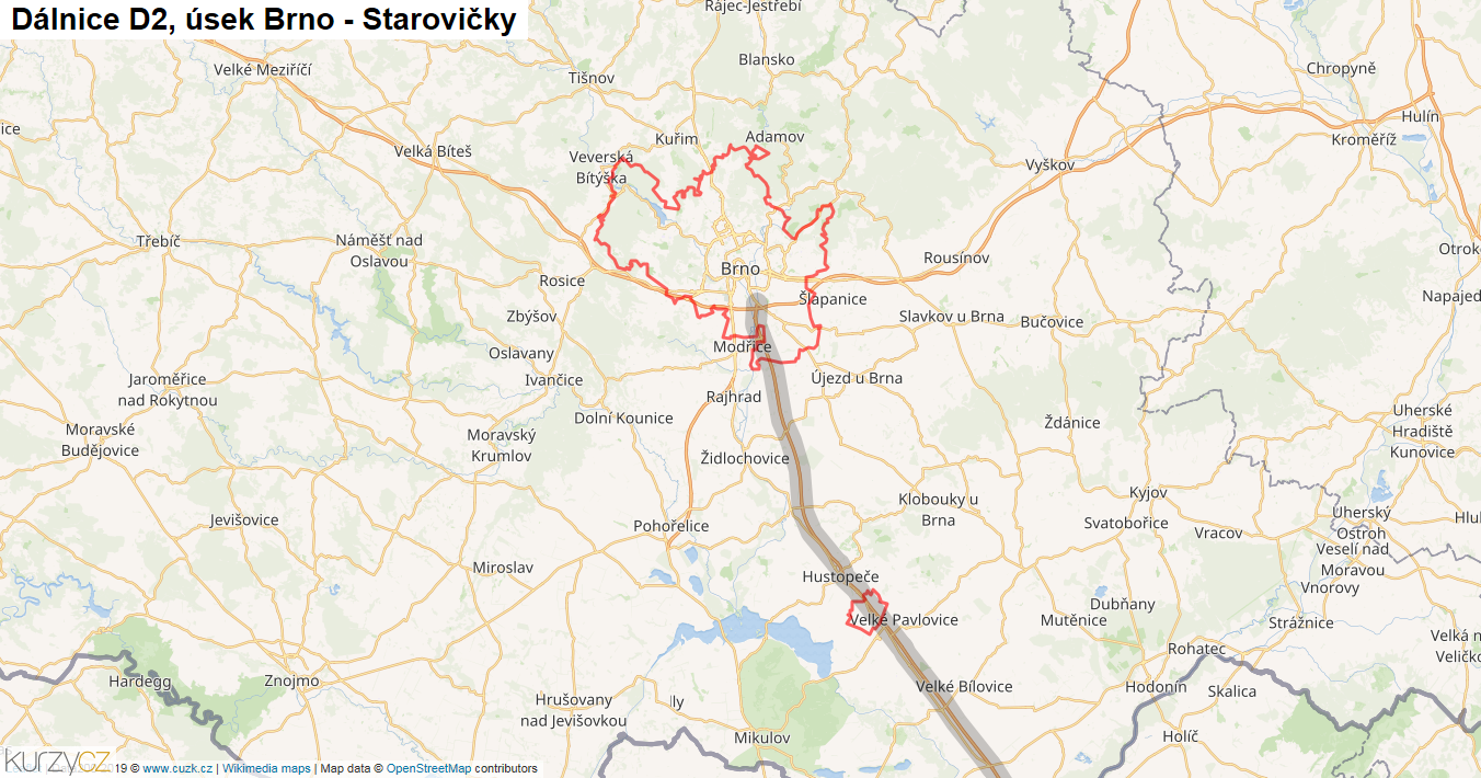 Úsek Brno - Starovičky, Dálnice D2 - Mapa