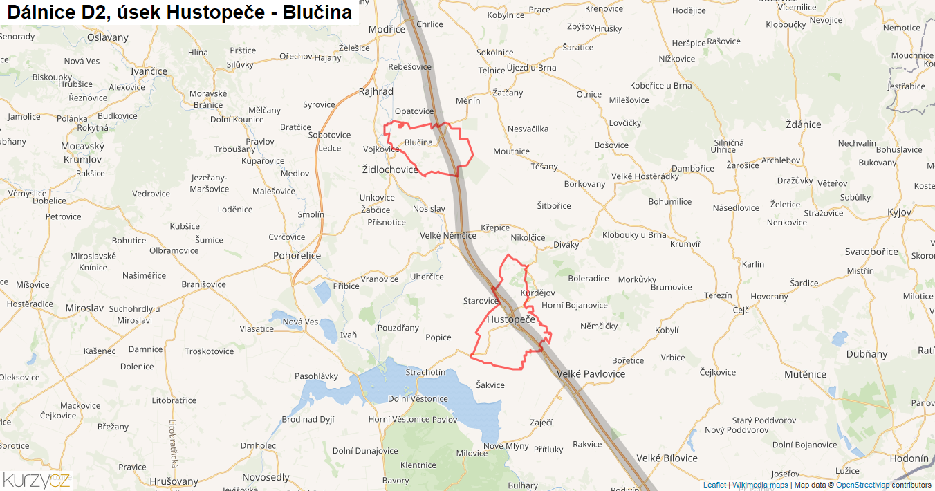 Úsek Hustopeče - Blučina, Dálnice D2 - Mapa