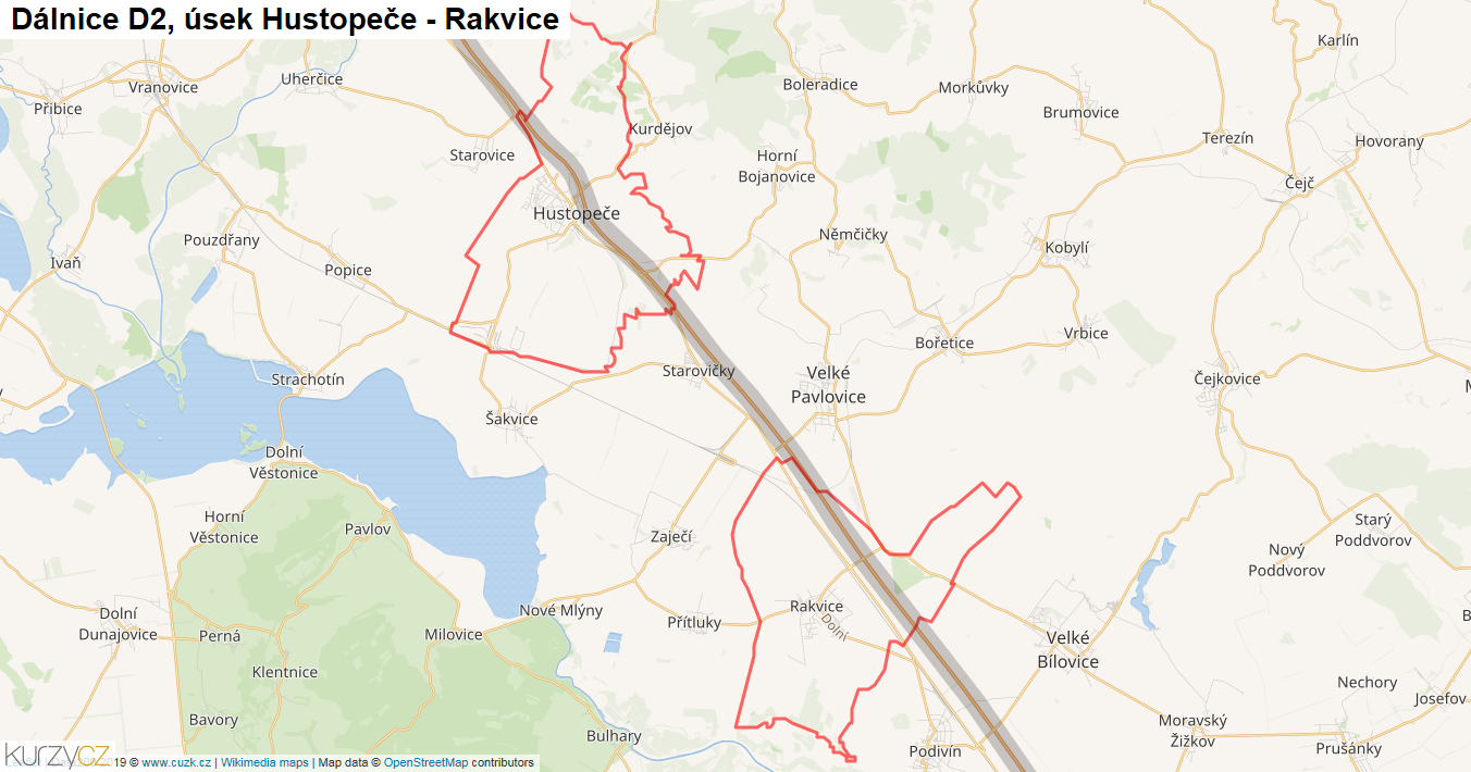 Úsek Hustopeče - Rakvice, Dálnice D2 - Mapa