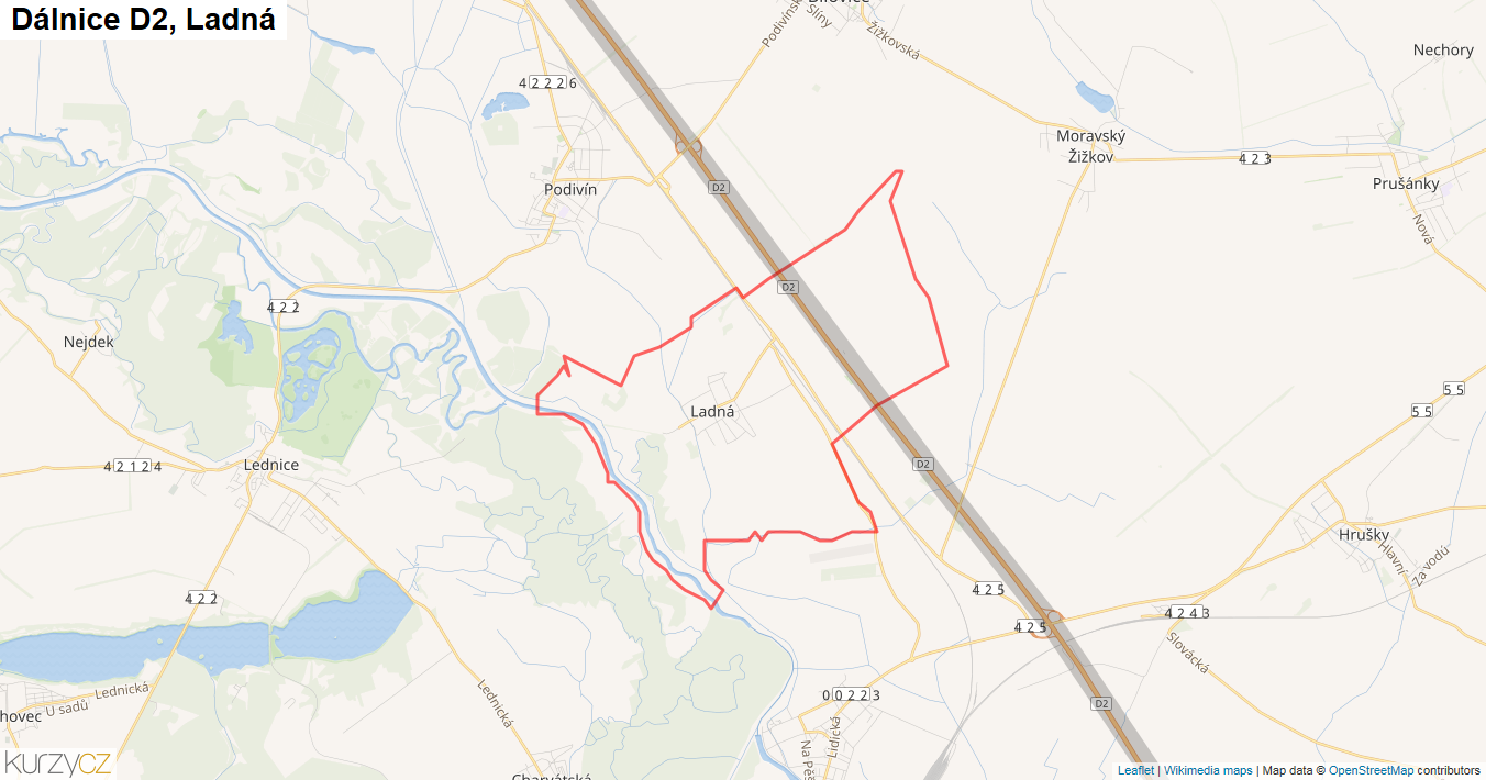 Ladná, Dálnice D2 - Mapa