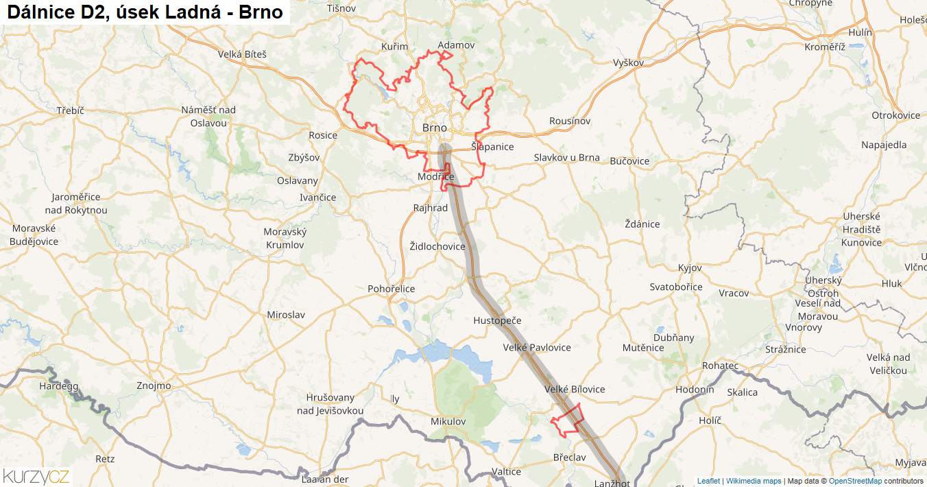 Úsek Ladná - Brno, Dálnice D2 - Mapa