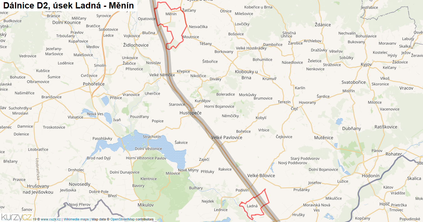 Úsek Ladná - Měnín, Dálnice D2 - Mapa