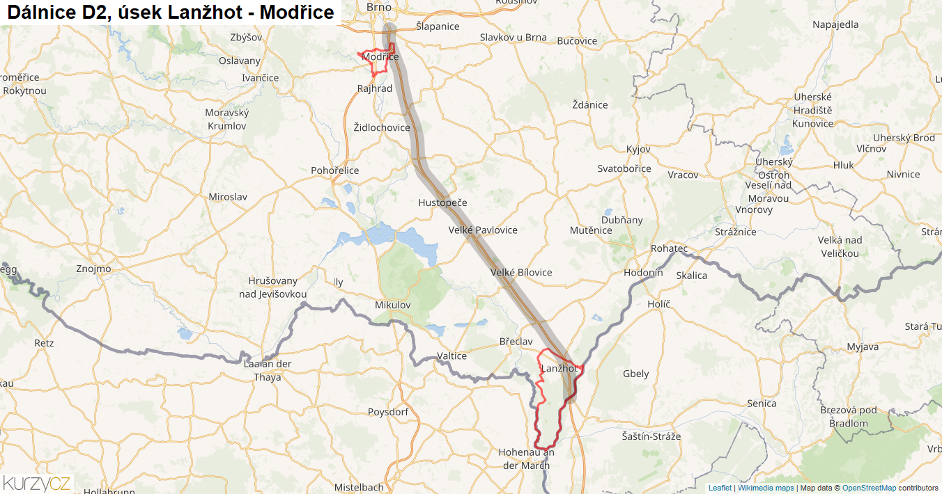 Úsek Lanžhot - Modřice, Dálnice D2 - Mapa
