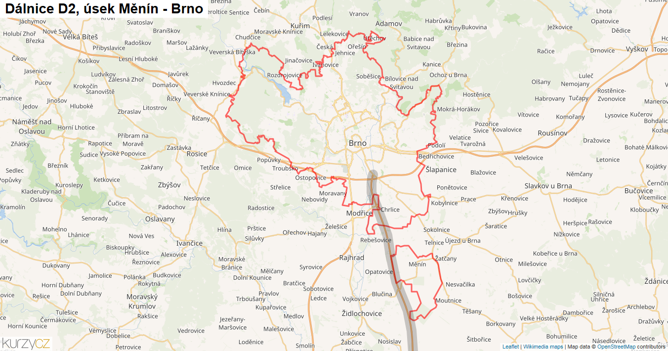 Úsek Měnín - Brno, Dálnice D2 - Mapa