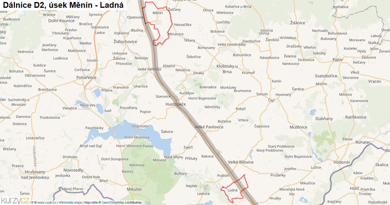 Úsek Měnín - Ladná, Dálnice D2 - Mapa