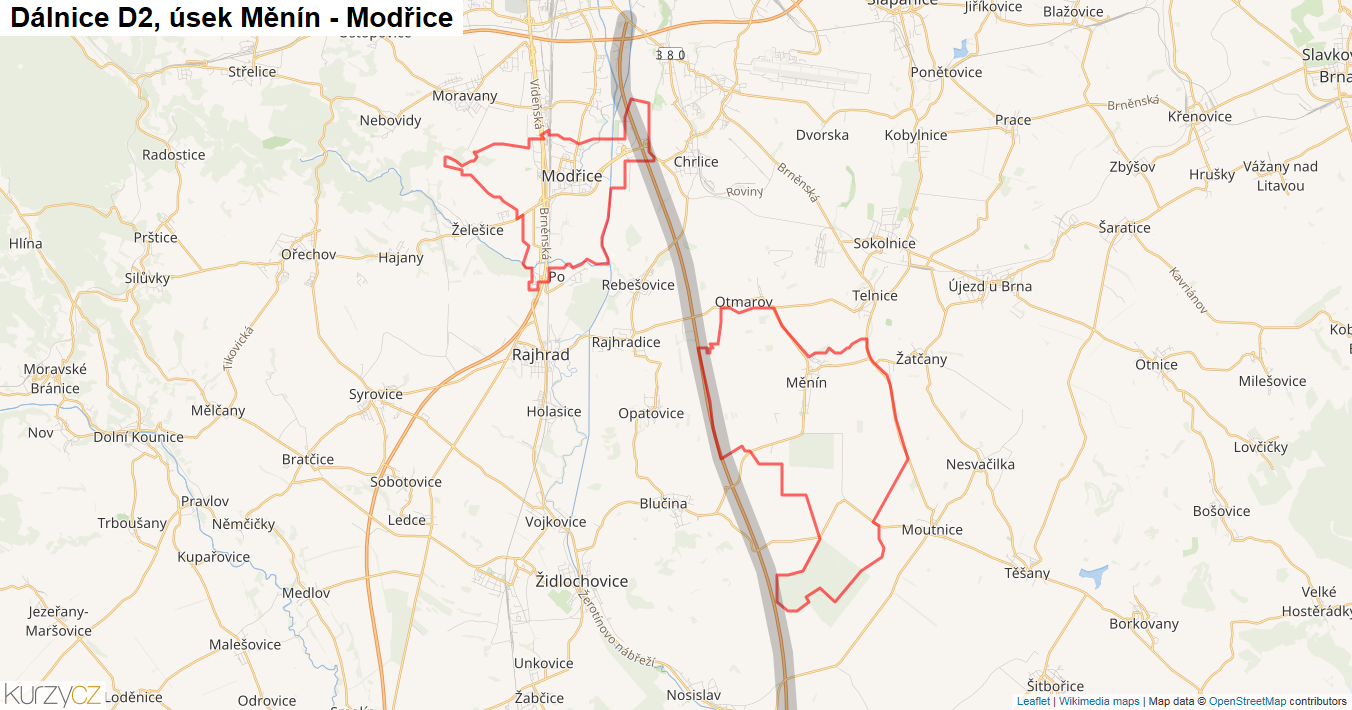 Úsek Měnín - Modřice, Dálnice D2 - Mapa