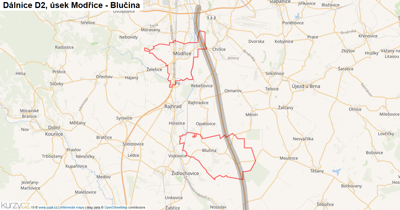 Úsek Modřice - Blučina, Dálnice D2 - Mapa