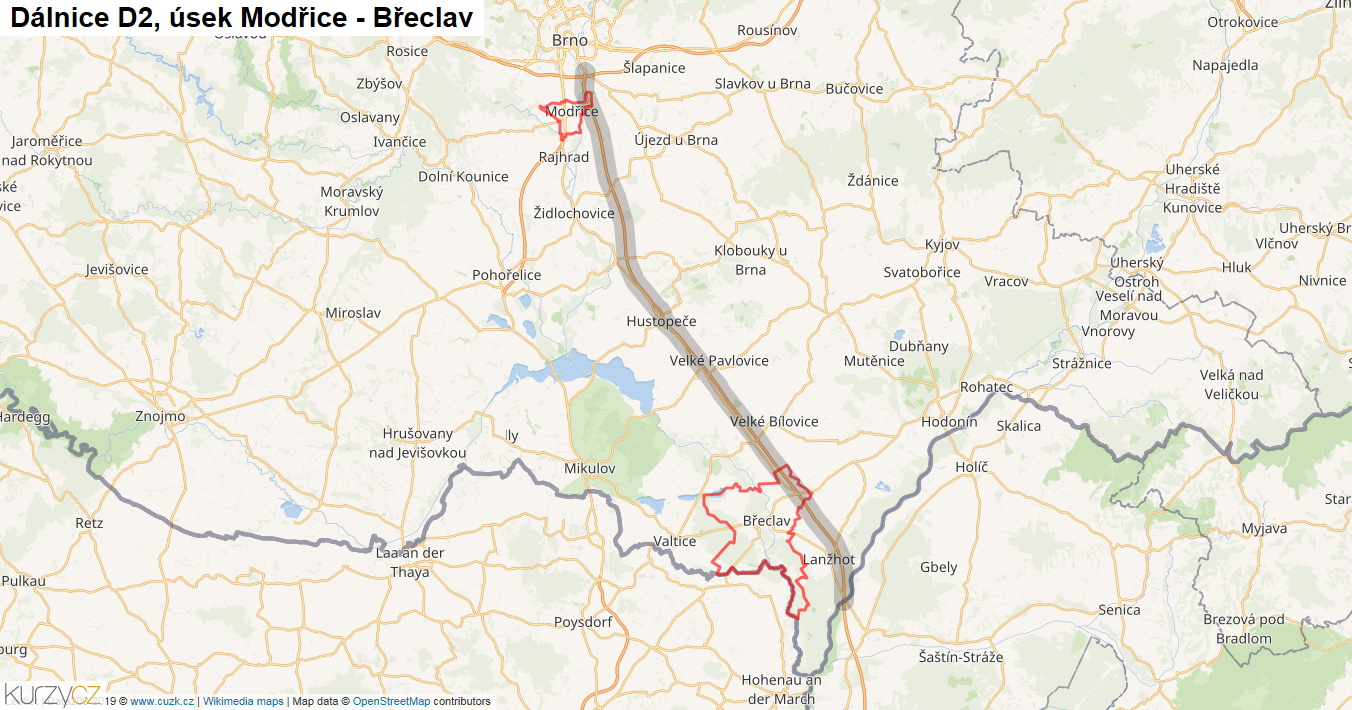 Úsek Modřice - Břeclav, Dálnice D2 - Mapa